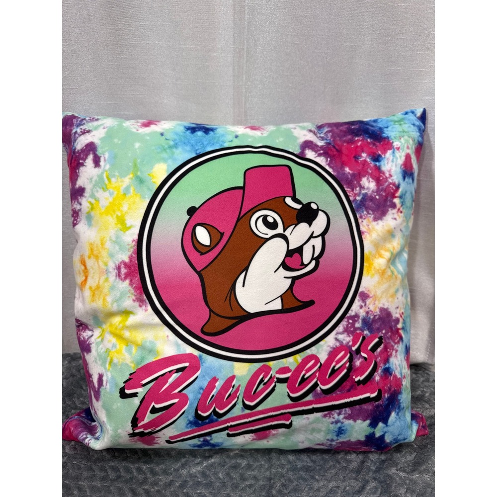 Buc-ee's Tie-Dye Accent Pillow Square Beaver Mascot Logo Multicolor Texas Retro